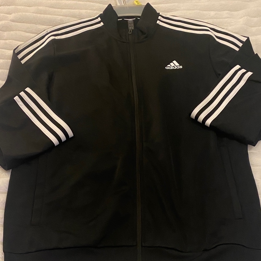 Adidas Men's Black Windbreaker with White Stripes